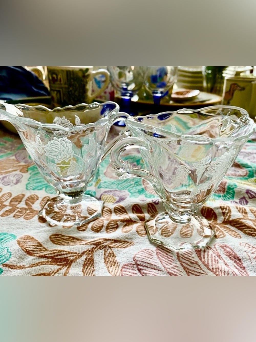 Vintage Heisey Cream & Sugar Bowls, Scallop Edge, Etched Roses w/Thorns. 1950 EC